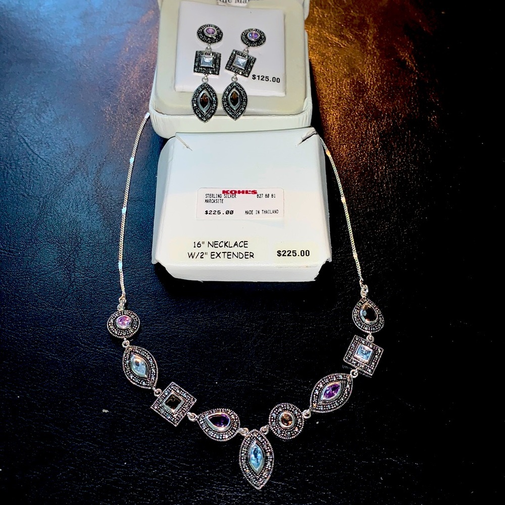 Marcasite necklace with genuine multi colored stones/ earrings